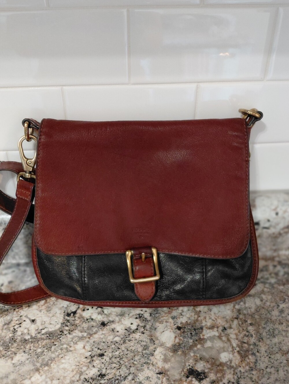 Fossil Two-Tone Brown and Black Leather Crossbody Bag